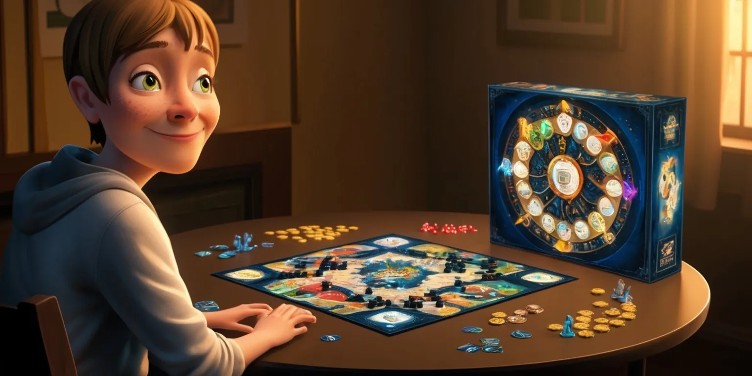 A person is sitting at a table with a replaced game board in the center, the new game is a complex strategy board game with vibrant colors and intricate designs, the person has a curious expression on their face, with a slight smile and raised eyebrows, their skin is a warm beige tone, and they have distinctive green eyes, the room is dimly lit with soft golden lighting, and the atmosphere is cozy, the replaced game box is opened, and the pieces are scattered around the board, the overall style is realistic with a mix of digital and traditional media, the color palette is muted with accents of bright colors, the layout is dynamic with the game board as the central focus.