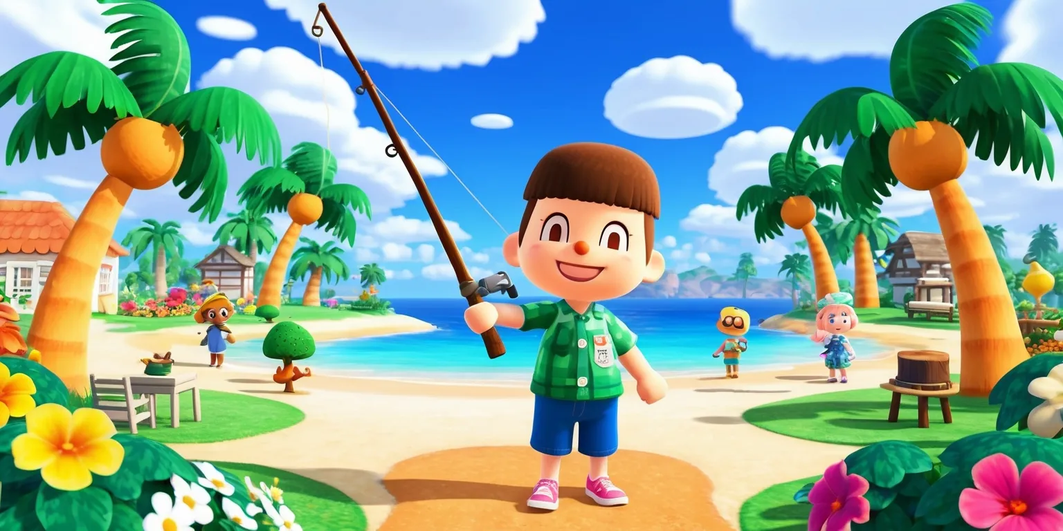 A vibrant and colorful digital illustration depicting the main character from Animal Crossing: New Horizons standing on a picturesque beach, surrounded by palm trees, with a clear blue sky and fluffy white clouds in the background, the character is smiling and holding a fishing rod, with a few villagers such as Tom Nook and Isabelle nearby, the scene includes various game elements like flowers, trees, and outdoor furniture, the art style is reminiscent of the game's graphics, with bold lines, soft textures, and a mix of bright and pastel colors, the overall atmosphere is peaceful and inviting, with a sense of freedom and adventure.