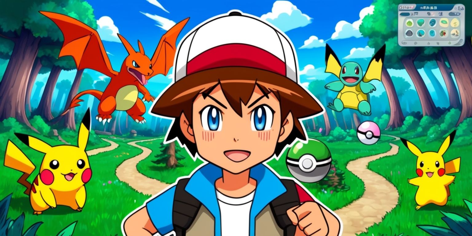 A vibrant and colorful digital illustration of a Pokémon adventure game scene, featuring a young trainer with short brown hair and bright blue eyes, wearing a white and red hat, and a determined expression, standing in front of a dense forest with tall trees, winding paths, and diverse wild Pokémon, including a soaring Charizard, a walking Squirtle, and a playing Pikachu, under a clear blue sky with fluffy white clouds, with a large stone Poké Ball in the foreground, and a subtle hint of a Pokédex screen on the top right corner, blending fantasy and reality in a stylized and dynamic anime-style artwork.