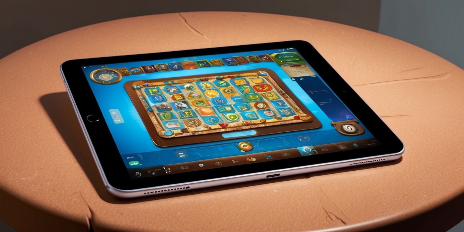 A sleek, modern digital tablet laid flat on a wooden table, displaying a vibrant, high-definition board game interface with intricate graphics, bold fonts, and a mix of bright colors, featuring various game pieces, scores, and navigation menus, the tablet's screen is illuminated with a soft, blue-ish glow, and the device itself has a slim, silver border with a few visible buttons and a charging port, the wooden table has a subtle, grainy texture and a warm, brown color, with a few faint, reflective scratches and a shallow, rounded edge, in the background, a blurred, neutral-colored room with a few indistinct, muted shapes and a soft, gradient lighting effect.