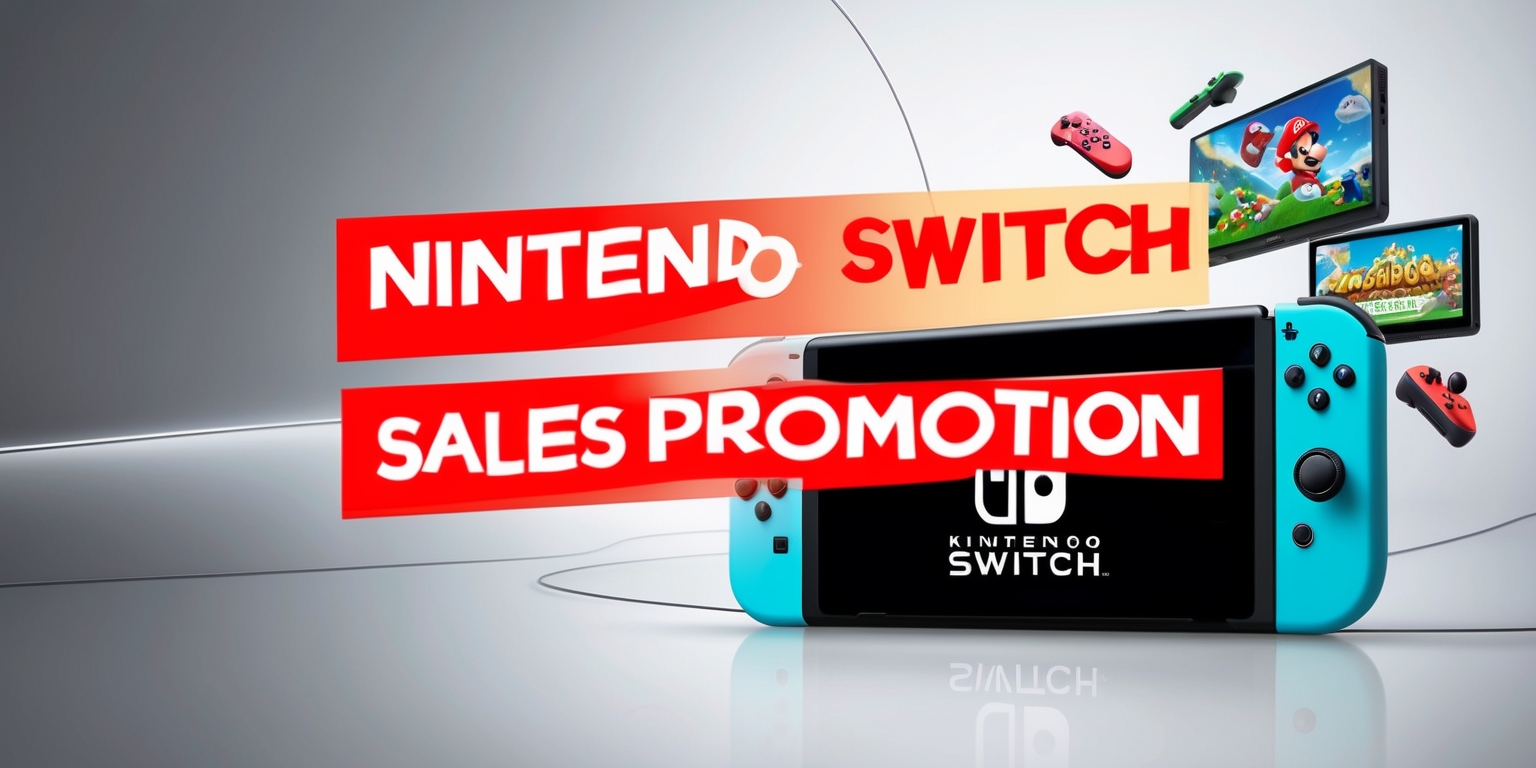 A colorful digital illustration of a Nintendo Switch console and accessories on a sleek, modern background, with a bold, eye-catching headline reading Nintendo Switch Sales Promotion in a modern, sans-serif font, the text is in a bright, fire engine red color, with a subtle gradient effect to give it a sense of depth and dimension, the console and games are depicted in a playful, stylized manner, with vibrant colors and soft, rounded edges, a few popular game titles are scattered around the console, such as Mario Kart and The Legend of Zelda, the overall mood is lively and inviting, with a sense of excitement and energy, the illustration is framed by a thin, white border, with a subtle drop shadow to give it a sense of lift and separation from the background.
