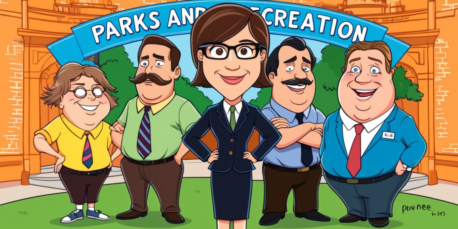 A colorful and lively illustration featuring the main characters from the beloved TV show Parks and Recreation, set against a warm and inviting background that captures the spirit of Pawnee, Indiana. Leslie Knope, the optimistic and dedicated government employee, stands at the center, surrounded by her quirky and lovable colleagues from the Parks and Recreation department. Tom Haverford, sporting his signature sleek suit and confident smile, stands to her right, while Ron Swanson, with his bushy mustache and skeptical expression, stands to her left. Andy Dwyer, with his goofy grin and enthusiastic demeanor, is positioned in the background, alongside April Ludgate, who exudes her typical apathy and coolness. The characters are depicted in a stylized, cartoonish manner, with bold lines, vibrant colors, and exaggerated facial features, evoking a sense of humor and playfulness.