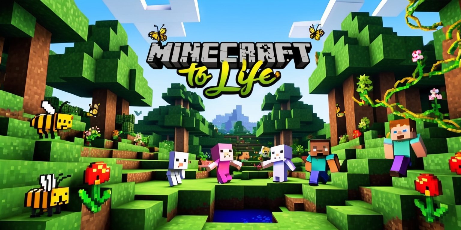 A vibrant, colorful illustration of the Spring To Life Minecraft game update, showcasing a thriving in-game environment with lush greenery, blooming flowers, and towering trees, set against a warm sunny sky with fluffy white clouds. In the foreground, a variety of mobs, such as bees, butterflies, and rabbits, interact with newly introduced blocks and features, like vibrant flowers, moss, and twisting vines, demonstrating enhanced mob behavior and innovative block mechanics. A few players, diverse in skin tone and facial features, observe and engage with the updated environment, surrounded by subtle hints of creative adjustments, like glowing mushrooms and sparkling water features. The illustration style blends Minecraft's signature blocky aesthetic with a sense of whimsy and wonder, as if the game world has truly come to life. The update's logo, Spring To Life, is displayed prominently in bold, curved lettering, with leaves and vines wrapping around the text in a natural, earthy color palette.