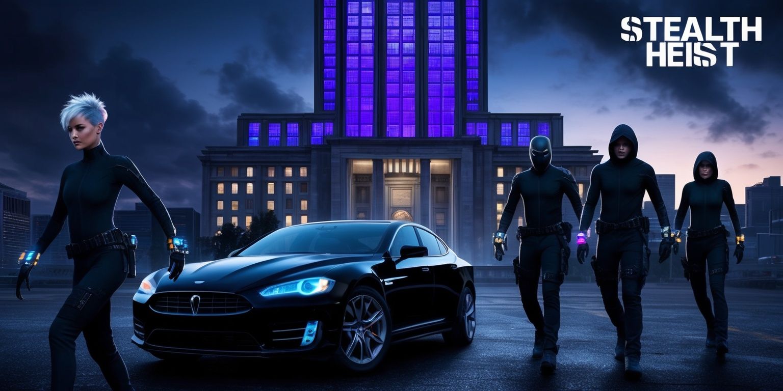 A dark and gritty urban cityscape at dusk with a sleek black car parked in front of a grand high-tech skyscraper, the building's facade illuminated by a grid of neon blue and purple lights, as a group of four stealthy figures, each with distinct facial features and skin tones, including a woman with short spiky hair and pale skin, a man with a buzz cut and dark skin, a figure with a masked face and medium skin tone, and another with a hoodie and light skin, are seen sneaking out of the shadows, dressed in black tactical gear and equipped with high-tech gadgets, with a faint glow of computer screens and holographic displays emanating from their wrists and helmets, as they prepare to infiltrate the building, with a sense of tension and anticipation hanging in the air, and a bold, futuristic font displaying the words Stealth Heist in metallic silver letters across the top of the image.