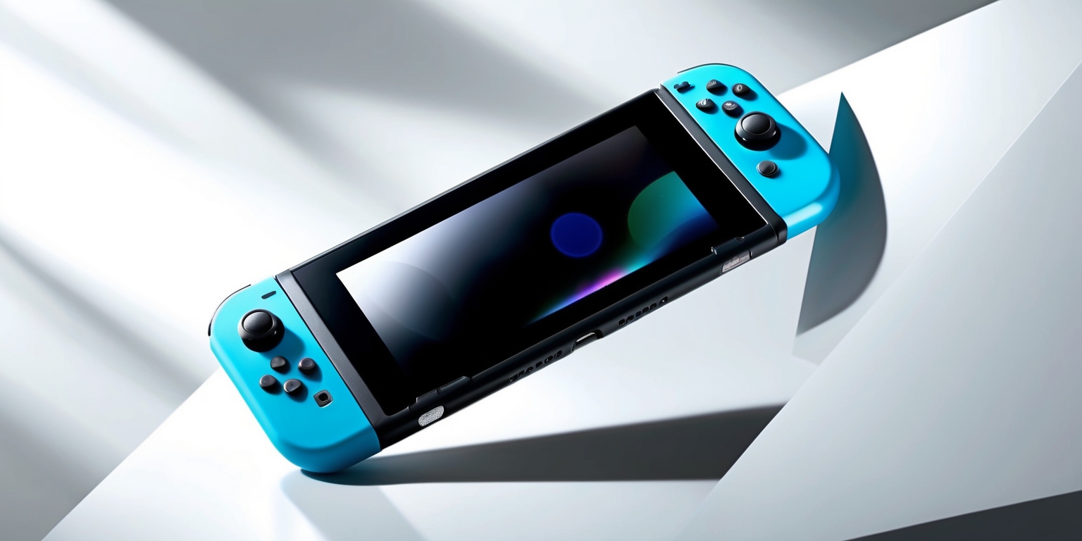 A sleek, futuristic Nintendo Switch 2 game console with a vibrant, electric blue body and contrasting matte black accents, showcased on a clean, minimalist white background, with soft, gradient shadows, and slight reflections highlighting its modern, aerodynamic design, featuring a prominent, silver Nintendo logo embossed on the top, and a subtle, curved vent on the rear, with precise, angular lines, and a slight glow emanating from the screen, hinting at the excitement and adventure within the games it holds.