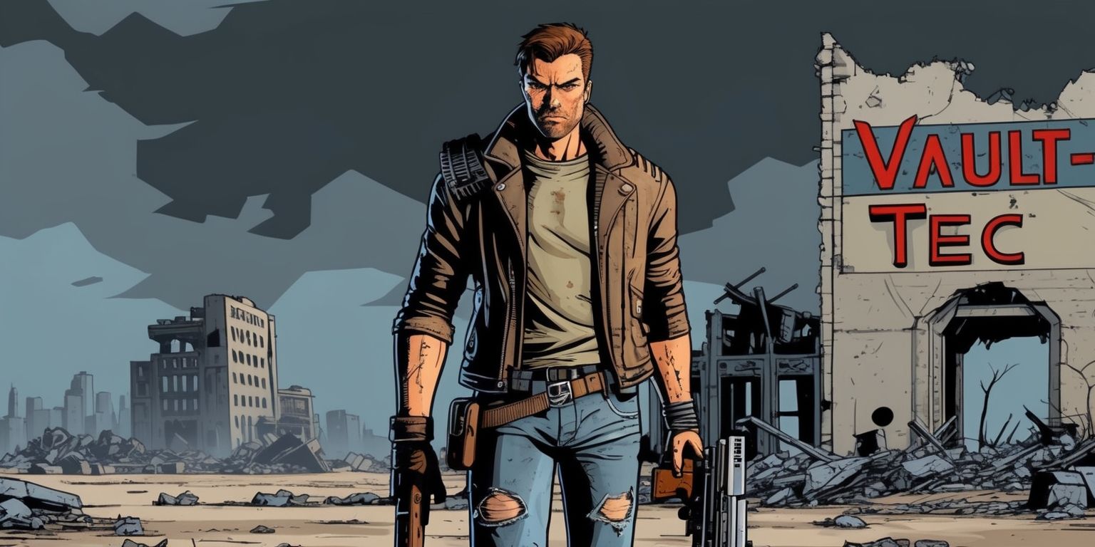 A post-apocalyptic scene set in a desolate wasteland with a lone figure in a worn leather jacket and ripped jeans, with a Pip-Boy on their wrist, standing in front of a ruined cityscape with a dark and ominous sky, the figure has a determined look on their face with a strong jawline and piercing brown eyes, their skin is weathered and tan from spending time outdoors, they are holding a futuristic-looking rifle with a worn wooden grip, in the background a destroyed building with a partially intact sign that reads Vault-Tec in bold red letters, the overall color palette is muted with shades of gray, brown, and beige, with a hint of blue in the sky, the style is reminiscent of a comic book illustration with bold lines and vibrant colors.