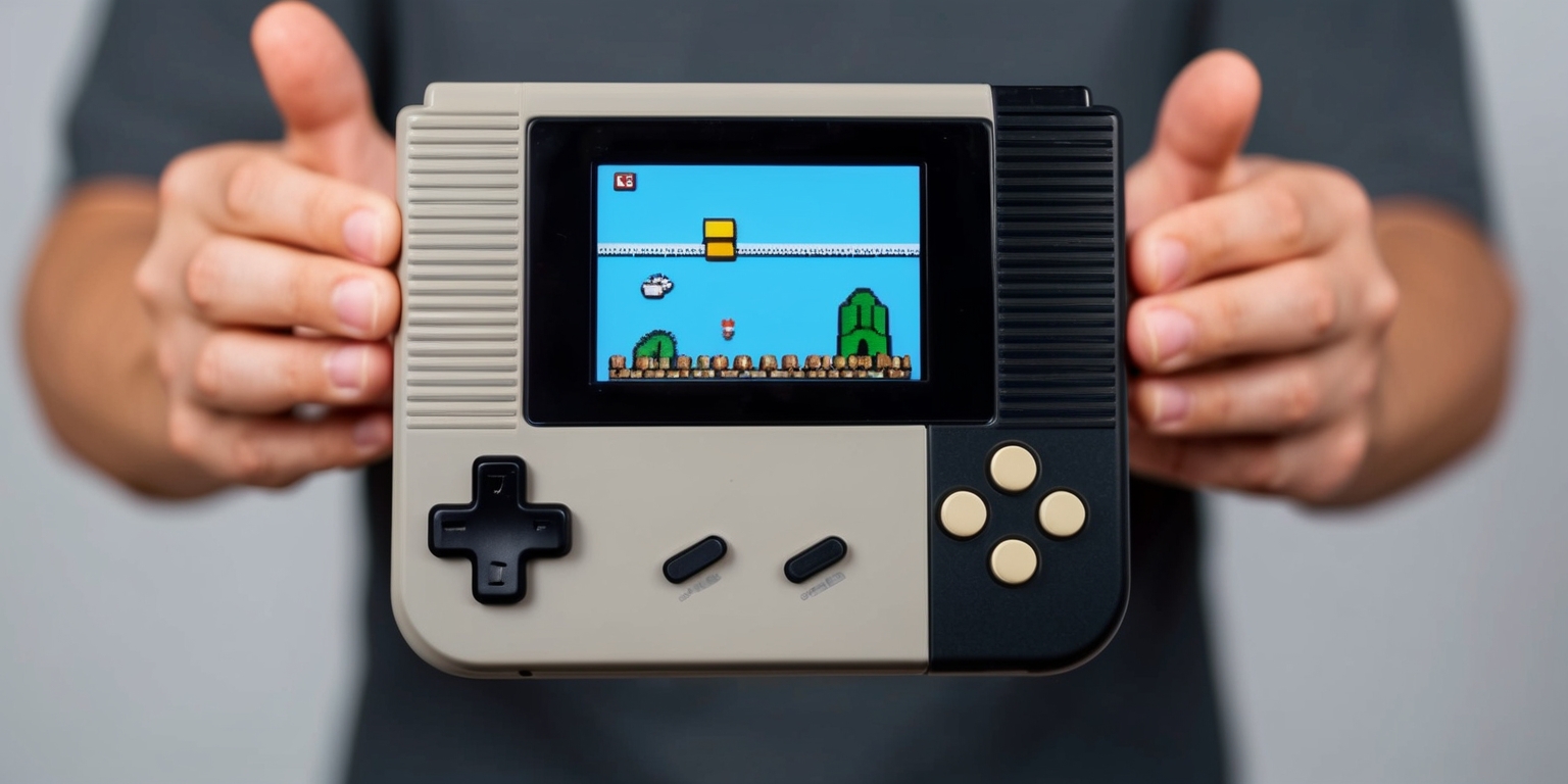 A vintage retro handheld gaming console with a grey and black plastic casing, featuring a small color screen, directional pad, and buttons, set against a blurred background of a person's hands holding the device, with the console's screen displaying a classic 8-bit game, the overall aesthetic is nostalgic and playful, with a focus on the console's design and the gaming experience it provides, the color palette is muted with shades of grey, black, and beige, and the style is reminiscent of the 1990s gaming era.
