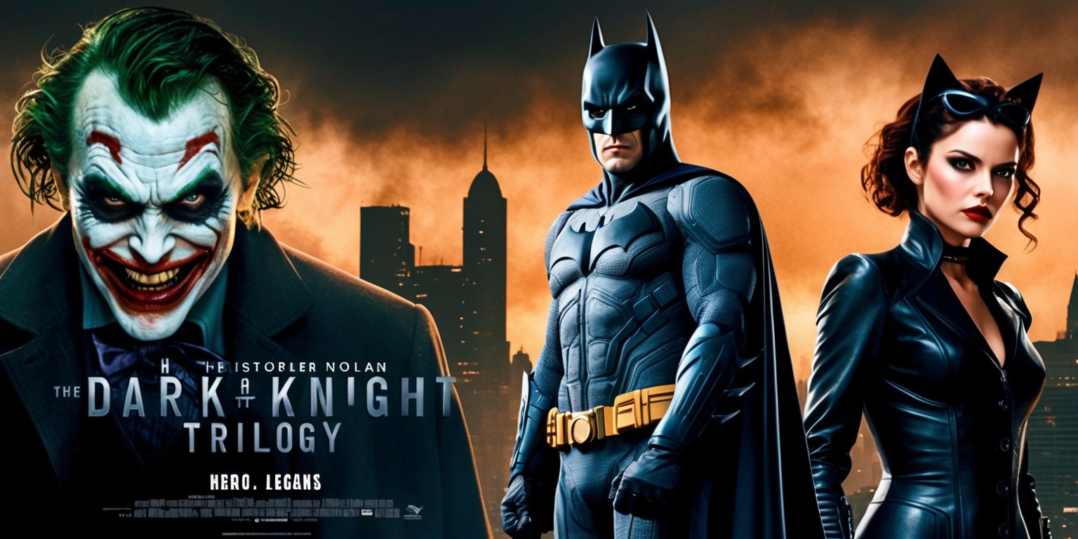 A cinematic poster featuring the iconic characters from Christopher Nolan's Dark Knight Trilogy, set against a dark and gritty Gotham City landscape at dusk, with a warm orange glow casting long shadows, blending with cool blues and grays to evoke a sense of foreboding and intensity. In the foreground, a brooding Batman, clad in his sleek Batsuit, stands tall, his eyes narrowed and focused, with a hint of determination etched on his face. To his left, the Joker's maniacal grimace looms, his face a twisted mixture of pale skin and dark makeup, with a hint of chaotic unpredictability in his eyes. On the right, the enigmatic Catwoman, dressed in her black leather outfit, gazes out with a mix of seduction and cunning, her eyes gleaming with a hint of mischief. The title The Dark Knight Trilogy is emblazoned across the top in bold, metallic silver letters, with the tagline Hero. Legend. Dark Knight. written in smaller text at the bottom, in a stylized font that echoes the trilogy's dark and gothic tone.