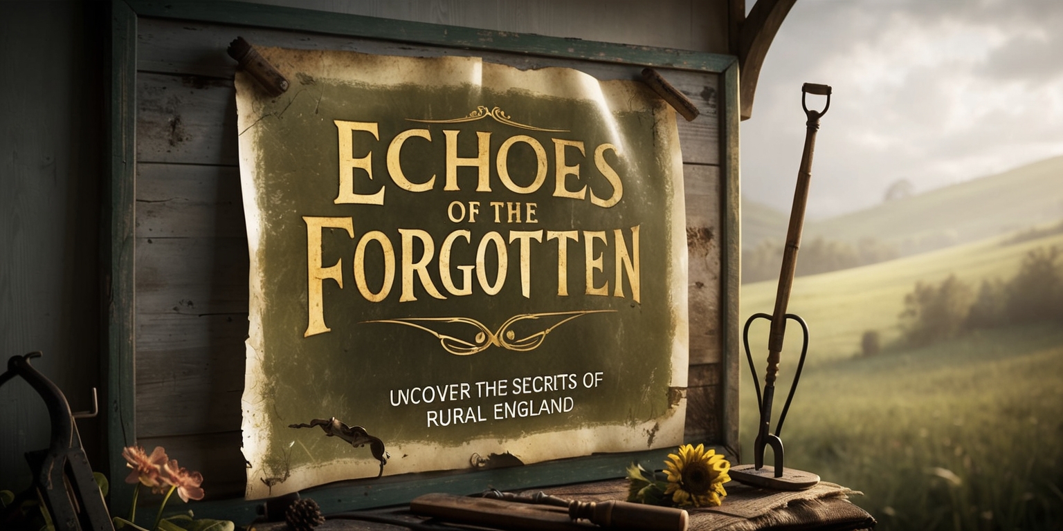 In a hauntingly beautiful, cinematic scene, a worn, vintage-style poster for Echoes of the Forgotten game hangs crookedly on a weathered, wooden bulletin board, surrounded by rustic, rural England-inspired elements, such as old farm tools, faded flowers, and a peek of a rolling hill in the background. The poster's surface is distressed, with subtle tears and scratches, and its colors are muted, with earthy tones of olive green, beige, and moss, evoking a sense of nostalgia and mystery. The title Echoes of the Forgotten is emblazoned across the top in bold, golden lettering, with a subtle, ornate font, while the tagline Uncover the secrets of rural England is written in smaller text at the bottom, in a curved line, resembling a whisper. The entire scene is bathed in a warm, golden light, with subtle, atmospheric fog rolling in, hinting at the immersive, narrative-driven survival game awaiting within.