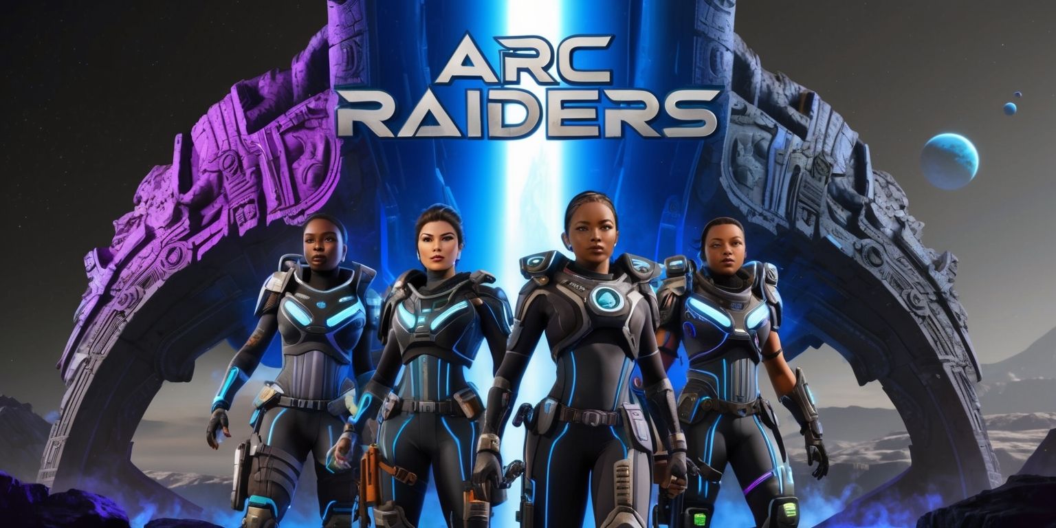A futuristic sci-fi scene from the Arc Raiders game, featuring a group of four raiders with diverse facial features and skin colors, equipped with advanced suits and gear, standing heroically in front of a massive ancient alien structure with intricate carvings and a vibrant blue-purple glow, set against a dark grey and blue space background with distant stars and planets, the raiders' suits are adorned with metallic accents and neon lights, with a bold, serif font logo of the game's title Arc Raiders in silver and blue hues prominently displayed at the top of the image.
