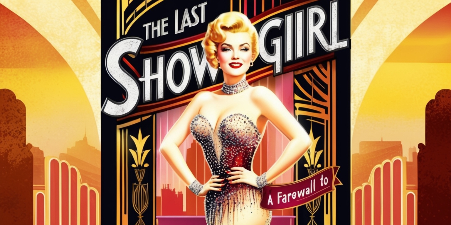 A nostalgic and glamorous illustration of a vintage-style movie poster for The Last Showgirl film, set against a warm, sunset-inspired background with hues of golden yellow, burnt orange, and soft pink, evoking the classic Hollywood era. The central figure is a beautiful, curvaceous showgirl, dressed in a dazzling, beaded and feathered costume, with a sultry, confident expression and bright, bold red lips. Her skin tone is a radiant, porcelain-like complexion with subtle, sun-kissed highlights. She stands confidently, surrounded by ornate, Art Deco-inspired patterns and motifs, with a cityscape or theatre-inspired architecture subtly visible in the background. The title The Last Showgirl is emblazoned across the top in bold, cursive, metallic silver lettering, with a retro, distressed finish, while the tagline A Farewell to Glamour is written in smaller, curved text at the bottom, in a elegant, handwritten font.