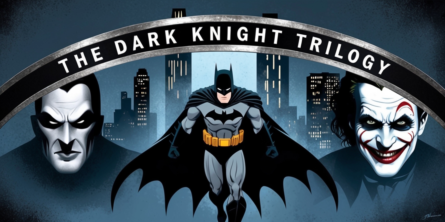 A stylized, muted color palette illustration of the Dark Knight Trilogy, featuring a gritty, urban cityscape at dusk with a faint, ominous glow, set against a dark blue to black gradient background. In the foreground, a centered, heroic pose of Christian Bale as Batman, dressed in his iconic black Batsuit, cape flowing behind him, with a determined, brooding expression on his pale, angular face, his eyes intense and focused. To his left, a faint, ghostly image of Tom Hardy as Bane, shrouded in shadows, his mask and eyes illuminated, exuding an aura of menace. On the right, a subtle, ghostly image of Heath Ledger as the Joker, his face painted with a sinister, clownish grin, his eyes gleaming with madness. The title The Dark Knight Trilogy in bold, metallic, Batman-inspired font, curved around the top of the image, in a metallic silver color, with a subtle, distressed texture, evoking a sense of gritty realism.