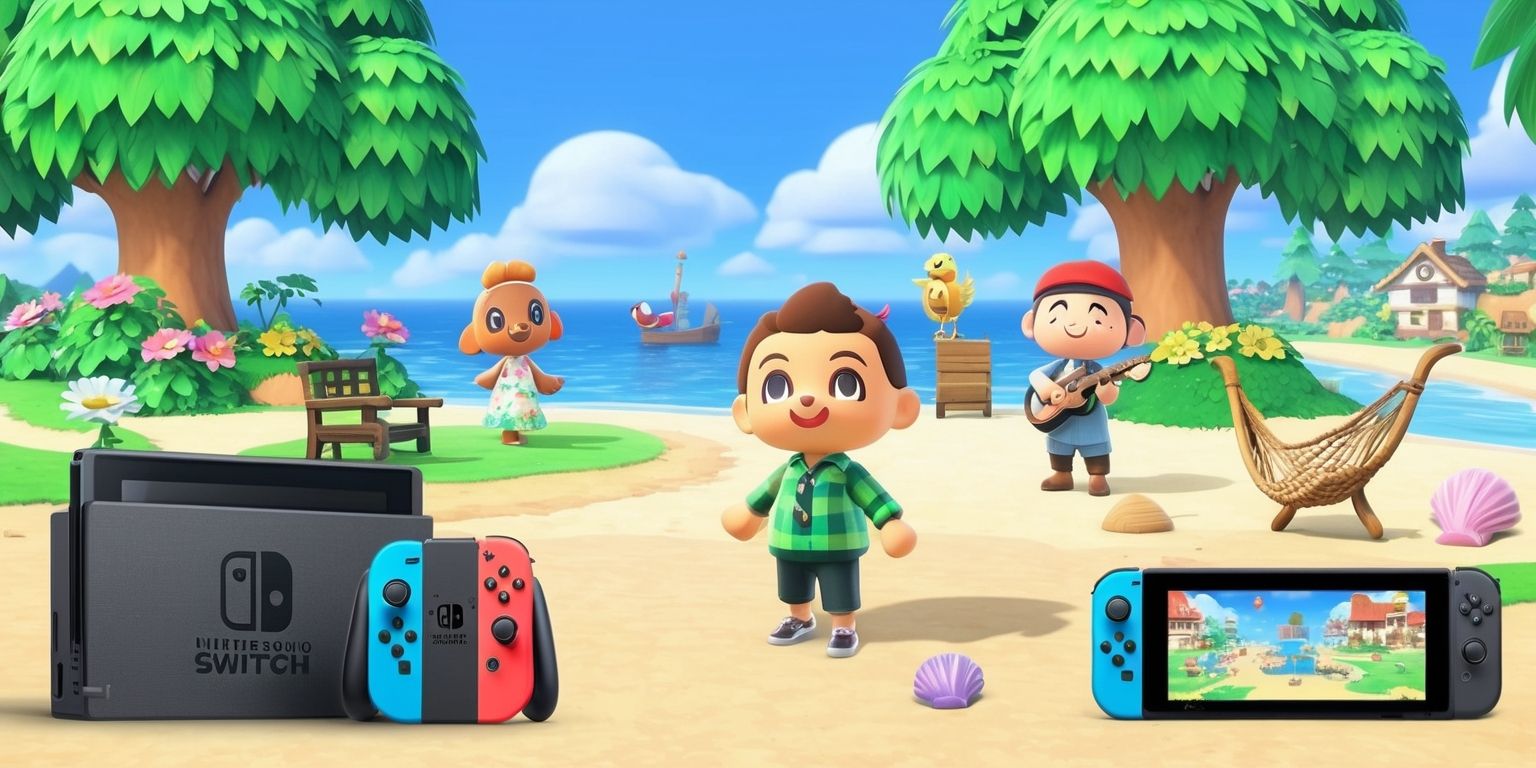 A colorful digital illustration of the Animal Crossing: New Horizons game, featuring a vibrant and serene island landscape with lush green trees, blooming flowers, and a bright blue sky, a character resembling Tom Nook standing on the shore, with a few villagers in the background, including a smiling Isabelle with her distinctive hair and clothing, and K.K. Slider playing his guitar, with various furniture and decorations scattered around, including a fishing rod, a hammock, and a few seashells, the Nintendo Switch console and game cartridge visible in the corner, with bold lines, soft textures, and a mix of warm and cool colors, the overall atmosphere peaceful and inviting.