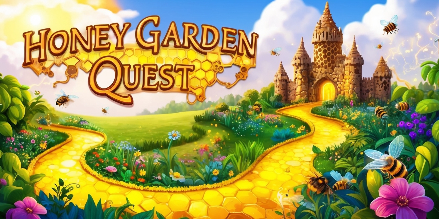 A vibrant and whimsical illustration of a fantastical garden, teeming with life and magic, set against a warm sunny backdrop with fluffy white clouds, for the Honey Garden Quest game, featuring a winding, golden-hued path that leads to a grand, intricately carved honeycomb castle in the distance, surrounded by lush greenery, colorful blossoms, and buzzing bees, with subtle, shimmering accents of honey-gold light, and a sprinkling of delicate, sparkling fairy lights, evoking a sense of wonder and enchantment, with the game's title, Honey Garden Quest, emblazoned in bold, cursive script across the top of the image, in a rich, honey-inspired color palette, with ornate, swirling patterns and textures that evoke a sense of ancient, mystical tomes.