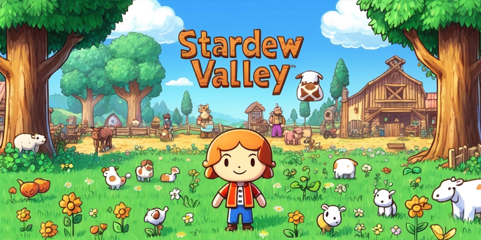 A serene and vibrant illustration of the whimsical world of Stardew Valley, depicting the game's protagonist standing in a lush green meadow surrounded by towering trees, wildflowers, and various farm animals, with the rustic town and its charming villagers in the background, all rendered in a colorful, hand-drawn style reminiscent of classic Harvest Moon games, with bold lines, soft textures, and warm, earthy tones, evoking a sense of peacefulness and tranquility, as if the viewer has stepped into the game itself, with the character's facial features subtly expressive, sporting a gentle smile and bright, curious eyes, set against a clear blue sky with puffy white clouds drifting lazily across the horizon.